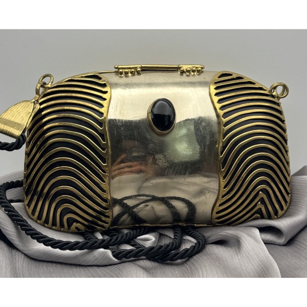 Vintage Oval Bag Golden Black Brass Onyx Stone Small Strap Black Nylon